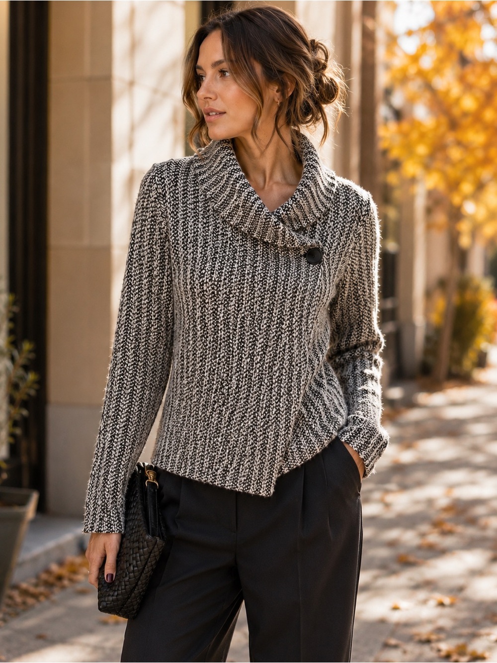 Ellen Tracy Wrap Cowl Neck Sweater Black Taupe Cream Medium